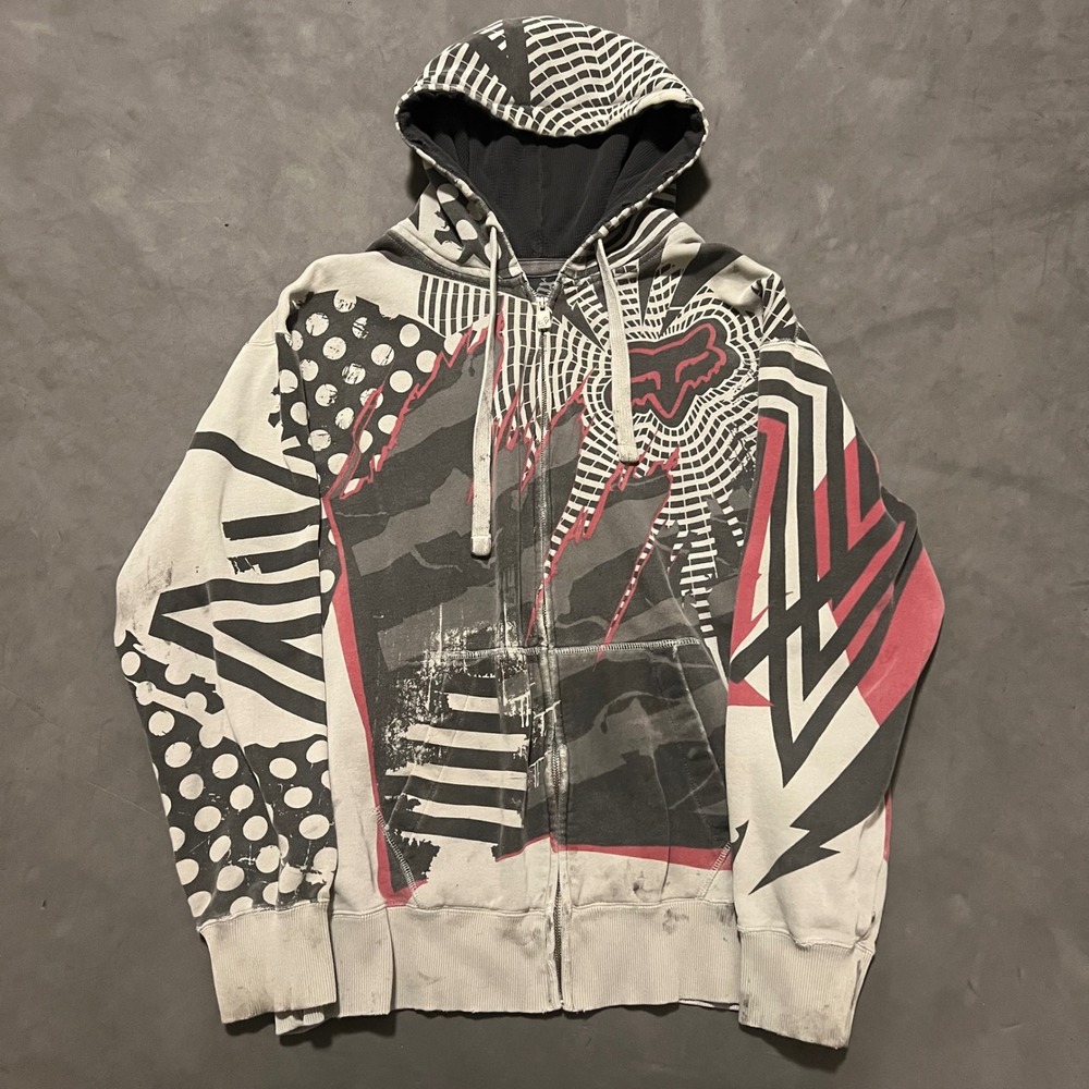 Vintage Y2K Fox Racing Full Zip Hoodie‎ Mens XL AOP Graphic Distressed Motocross